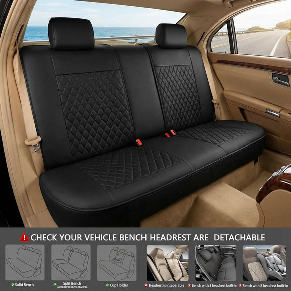 Faux Leather Back Seat Cover Universal Quilting Waterproof Bench Rear Seat Cover Universal car seat Cover Fit 95% Automotive Interior Covers for Sedans SUVs Vans Small Trucks All Black