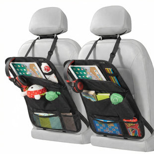 Car Backseat Organizer with Touch Screen Tablet Holder 9 Storage Pockets Storage Organizer Protectors Kick Mats Travel Accessories (Black 2 Pack with Food Tray)