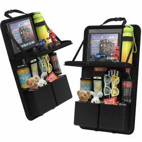 Car Backseat Organizer with Tablet Holder 11 Storage Pockets with Foldable Food Tray Protector Kick Mats for Kids Travel Accessories Organizer (Black 1Pack)