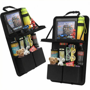 Car Backseat Organizer with Tablet Holder 11 Storage Pockets with Foldable Food Tray Protector Kick Mats for Kids Travel Accessories Organizer (Black 1Pack)