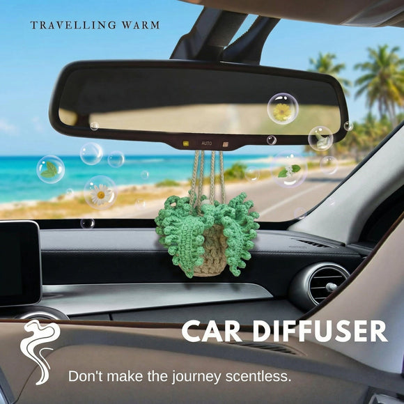 Handmade Crochet Hanging Car Air Freshener - Botanical Fern Leaf Design with 12ml Refillable Glass Essential Oil Bottle Long-Lasting Car Diffuser & Nature-Inspired Decor