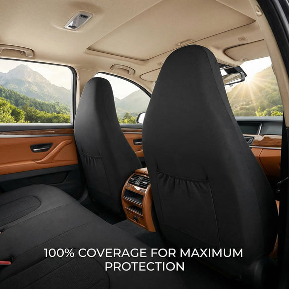Leather Car Seat Covers Sports Carbon Fiber & Mesh Design High-Back Two Front Set Waterproof Automotive Seat Covers Airbag Compatible Universal Fit for Most Cars (Black & Beige)