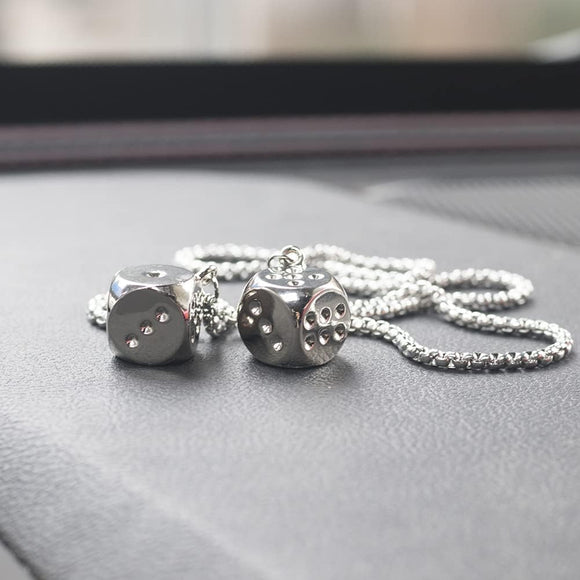 Creative Hanging Dice with Dots Car Metal Pendant Rear View Mirrors Charms Ornament (Silver)