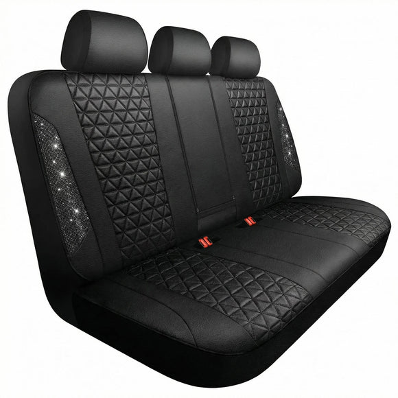 Bling Back Seat Cover Waterproof Leather Bench Rear Seat Cover Shining Diamond Truck Glitter Crystal Sparkly Rhinestone Universal Fit Armrest Automotive Kid Women Girl Black Diamond