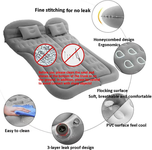 SUV Air Mattress Camping Bed Cushion Pillow - Inflatable Thickened Car Air Bed with Air Pump Portable Sleeping Pad Mattress for Home Car Travel Camping Upgraded Version - Grey