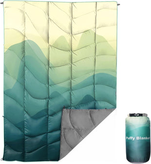 Outdoor Puffy Camping Blanket Lightweight Down Alternative Puffy Printed Camping Large Ultra Warm Hammock Top Quilt Waterproof Blanket for Traveling Picnic Beach Party Cold Weather (Green Mountain)