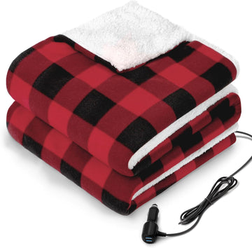 12-Volt Heated Car Blanket with 2 Output USB Ports 3 Heating Levels & 4 Hours Auto Off Electric Blanket for Car Truck SUV RV or Camping Machine Washable 59 X 43 Plaid