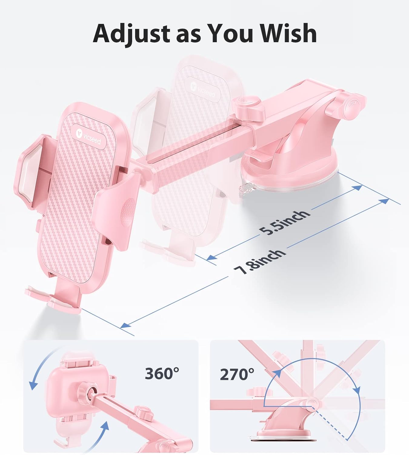 Phone Holders for Your Car [Super Suction Power & No-Wobbling] Universal Cell Phone Mount Dashboard Windshield Vent Long Arm Hands Free Cradle Fit for iPhone, Android - Hot Pink