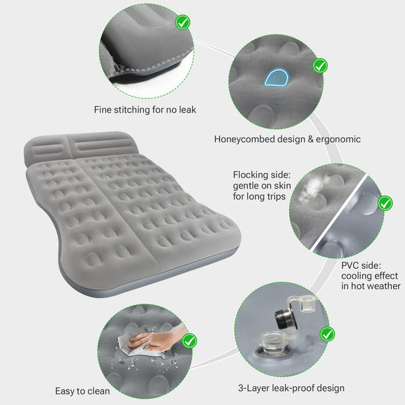 SUV Air Mattress Thickened Flocked Camping Bed for Car Trunk & Back Seat Includes Electric Pump & 2 Foot Pedals Portable Inflatable car Mattress (Gray)