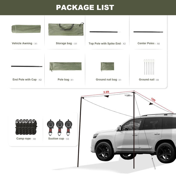 Portable Car Awning for SUV Vehicle Awning for Camping Van Truck Neednt Roof Rack Hardwares Waterproof UV50+ 10 x 5.6 ft