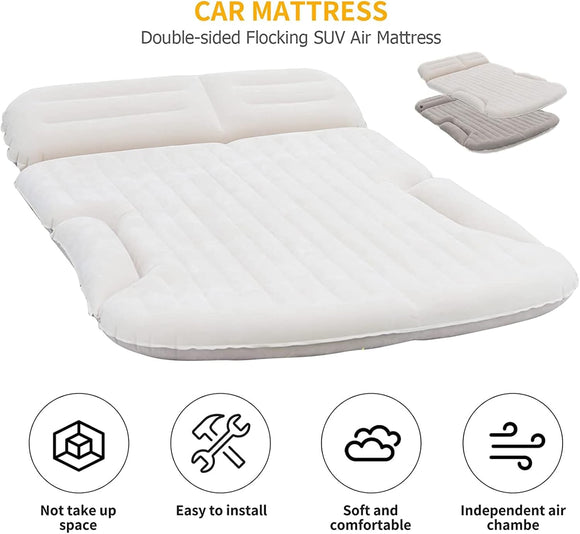 SUV Air Mattress Thickened and Double-Sided Flocking Travel Camping Bed with 2 Pillows & Electric Pump Dedicated Mobile Cushion Inflatable Bed for SUV Trunk and Rear Seat (Beige and Coffee)