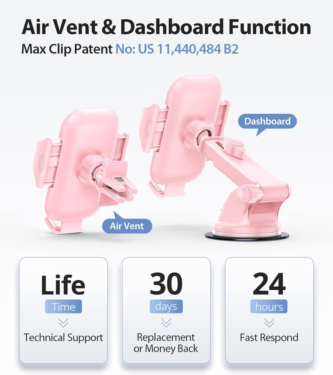 Phone Holders for Your Car [Super Suction Power & No-Wobbling] Universal Cell Phone Mount Dashboard Windshield Vent Long Arm Hands Free Cradle Fit for iPhone, Android - Hot Pink