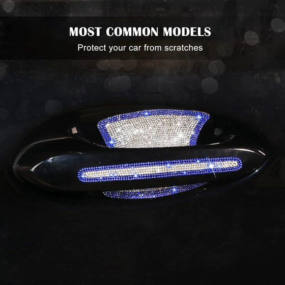 8pcs Bling Car Door Handle Protector Stickers Crystal Rhinestone Glitter Car Door Handles Cup Scratch Protectors Decals Universal (White & Blue)