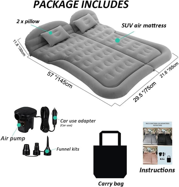 SUV Air Mattress Camping Bed Cushion Pillow - Inflatable Thickened Car Air Bed with Air Pump Portable Sleeping Pad Mattress for Home Car Travel Camping Upgraded Version - Grey