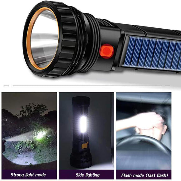 Solar/Rechargeable Multi Function 1000 Lumens LED Flashlight with Emergency Strobe Light and 1200 Mah Battery Emergency Power Supply and USB Charging Cable Fast Charging (1PC)