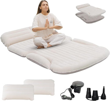 SUV Air Mattress Thickened and Double-Sided Flocking Travel Camping Bed with 2 Pillows & Electric Pump Dedicated Mobile Cushion Inflatable Bed for SUV Trunk and Rear Seat (Beige and Coffee)
