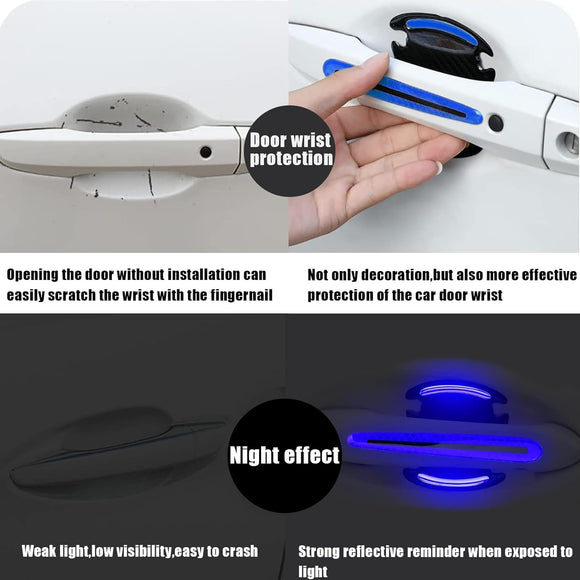 8Pcs Car Door Handle Protector Reflective Sticker 3D Carbon Fiber Universal Door Handle Scratch Protector Cover Self-Adhesive & Non-Marking Paint Guard Protective Films (Blue)