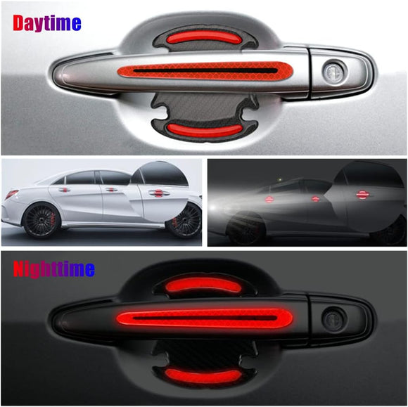8pcs Universal Carbon Fiber Texture Car Door Handle Scratch Protector Cover - Reflective Stickers (Red)