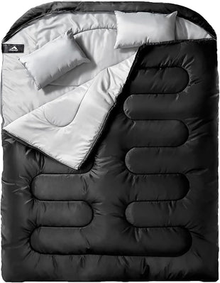 Double Sleeping Bag for Adults Mens with Pillow XL Queen Size Two Person Sleeping Bag for All Season Camping Hiking Backpacking for Cold Weather & Warm Black