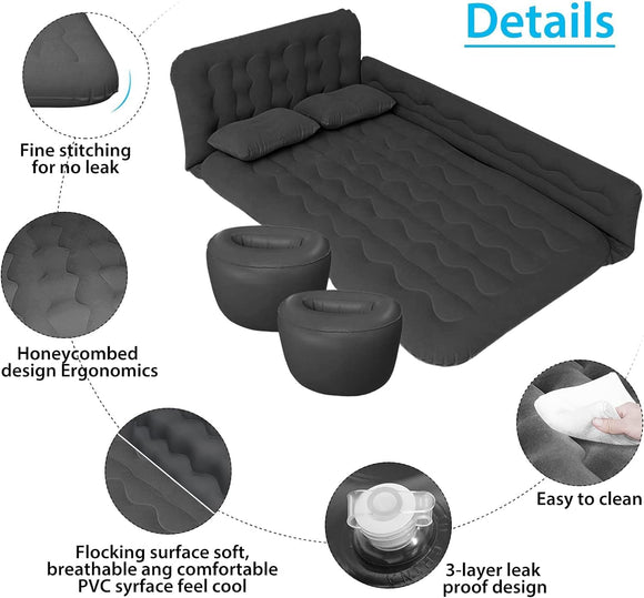 Car Bed SUV Air Mattress Car Air Mattress with Electric Pump 2 Inflatable Pillows and 2 Footrests for Back Seat Side Seat Trunk Sleeping Thickened Camping Bed - Black