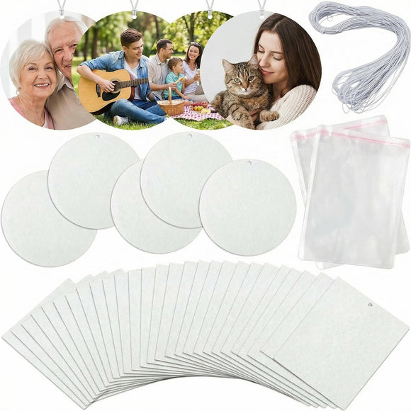101Pcs Air Freshener Sublimation Blanks Kit Car Scented Hanging Sheets DIY Felt Sublimation Blank Air Freshener Sheet for Car and Home with Elastic Rope and Self-Seal Bags (Circle+Rectangle)