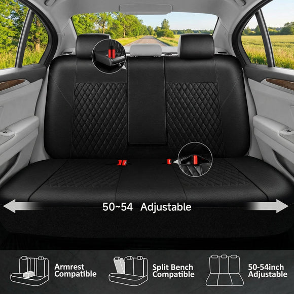 Faux Leather Back Seat Cover Universal Quilting Waterproof Bench Rear Seat Cover Universal car seat Cover Fit 95% Automotive Interior Covers for Sedans SUVs Vans Small Trucks All Black