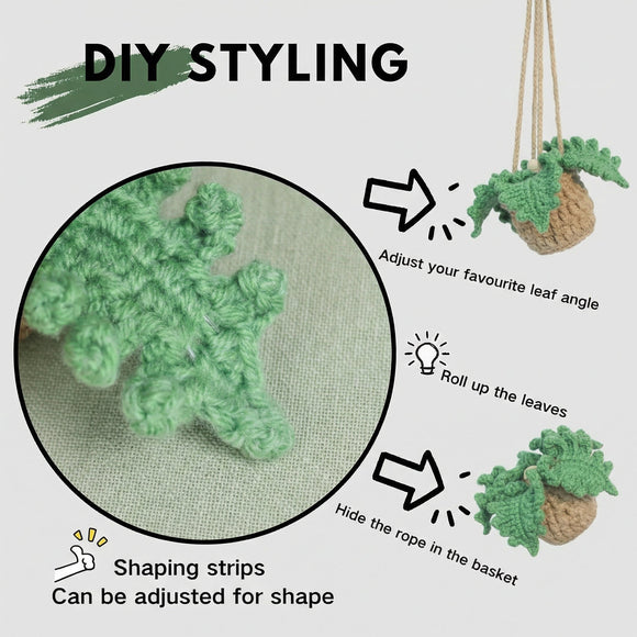 Handmade Crochet Car Air Freshener - Adorable Bendable Fern Plant with 8ml Empty Refillable Oil Diffuser Bottle Suitable for Car Rearview Mirror Hanging Home & Office Decor