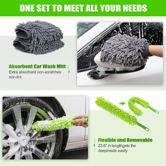 62'' Car Wash Brush with Long Handle Car Wash Mop Mitt Chenille Car Cleaning Kits Windshield Window Squeegee Car Duster Microfiber Towel Gloves for Cars RV SUV Truck 11PCS