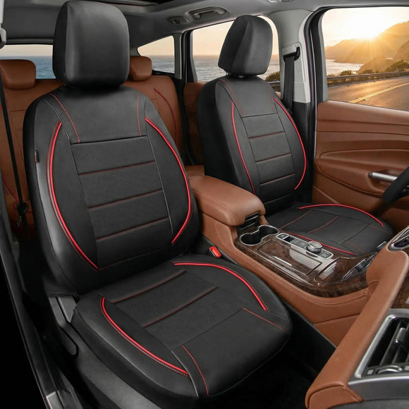 Universal FIT Piping Leather Car Seat Cover for suvs Van Trucks Airbag Compatible Inside Zipper Design and Reserved Opening Holes (Full Set Black and Red)
