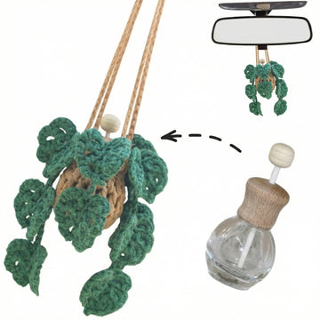 Cute Crochet Car Plant Monstera Essential Oil Diffuser Bottle - 12ml Refillable Green Car Accessory for Mirror Decor and Home Decor