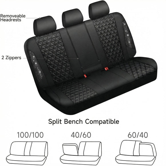 Bling Back Seat Cover Waterproof Leather Bench Rear Seat Cover Shining Diamond Truck Glitter Crystal Sparkly Rhinestone Universal Fit Armrest Automotive Kid Women Girl Black Diamond