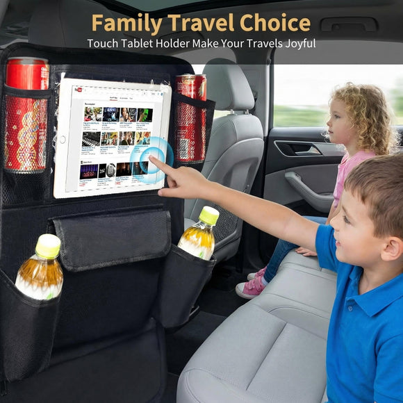 Car Backseat Organizer with Touch Screen Tablet Holder 9 Storage Pockets Protectors Kick Mats Travel Accessories for Kids-Black