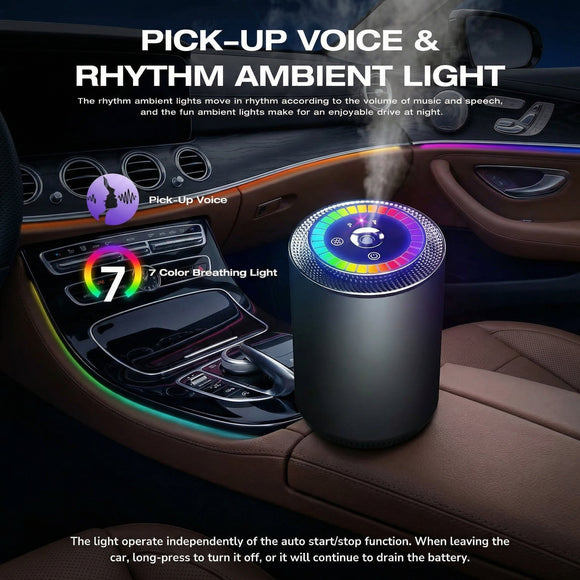 Smart Car Air Fresheners with Rhythmic Atmosphere Light Car Freshener Essential Oil Diffuser Auto On/Off Adjustable Concentration Battery Powered with 50ml perfume lasts 120 days