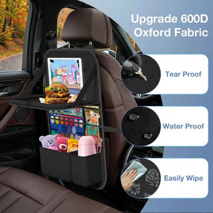 Car Backseat Organizer with Table Tray(2-Pack) 9 Storage Pockets Backseat Car Organizer and storage with Tablet Holder Kick Mats Back Seat Cover for Kids family Road Trip Essentials Travel