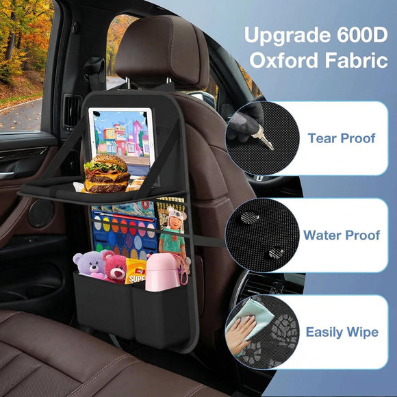 Car Backseat Organizer with Table Tray(2-Pack) 9 Storage Pockets Backseat Car Organizer and storage with Tablet Holder Kick Mats Back Seat Cover for Kids family Road Trip Essentials Travel