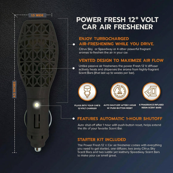 Reusable 12V Plug-in Car Air Freshener Power Fresh Auto Shut-Off Plug-In Convenience No Batteries Needed Includes 4 Scent Bars for Up to 30 Days of Freshness - Matte Black