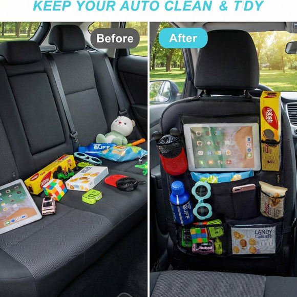 Car Organizer Back Seat with 9 Storage Pockets & 10 Tablet Holder 1Pack Seat Back Cover for Kids Toddlers Kick Mats Protector Keep Cars Vehicles Organized & Tidy Travel Accessories