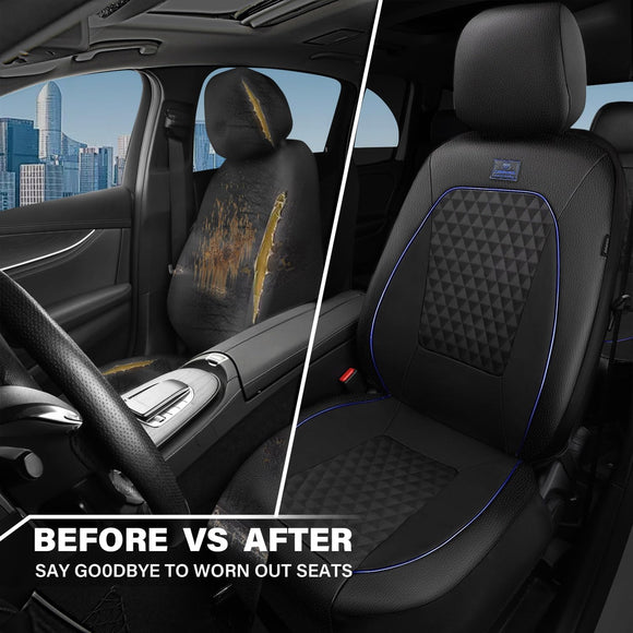 Leather Car Seat Covers Gel Wetsuit PU Front Seat Cover Waterproof EVA 2pcs All Weather Neoprene Universal Fit Pickup SUV Truck Sedan Automotive Armrest Airbag Compatible Rhombic Blue Strip