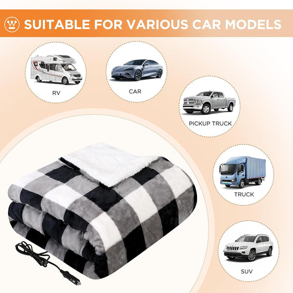 Heated Car Blanket 12-Volt Electric Blanket for Car Truck SUV RV Portable Heated Throw for Camping Grey Buffalo Plaid 59 x 43