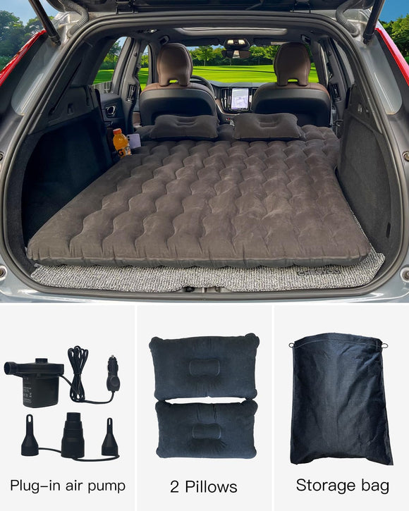 SUV Air Mattress Inflatable SUV Mattress Bottle and Phone Holder Thickened Flocking & PVC Surface Car Air Mattress with Electric Air Pump Travel Mattress for Car Camping Road Trip (Black)