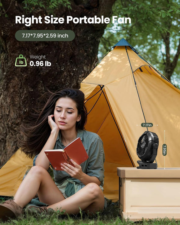 Portable Camping Fan with LED Lantern 360Rotation and Clip on for Desk 4000mAh USB Rechargeable Battery Powered Digital Display and Hanging Hook for Tent Outdoor Travel Bedroom Black