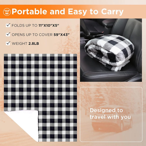 Heated Car Blanket 12-Volt Electric Blanket for Car Truck SUV RV Portable Heated Throw for Camping Grey Buffalo Plaid 59 x 43