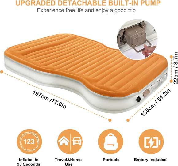 SUV Air Mattress with Built-in Pump & 2 Pillows Thickened Flocked PVC Quick 90-Seconds Inflation Air Bed Portable & Durable Car Air Bed for Camping Travel Truck