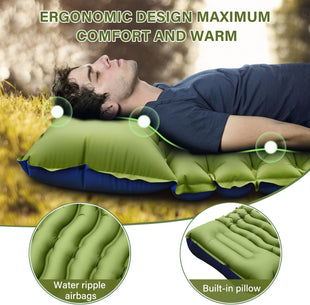 Camping Sleeping Pad Ultralight Camping Mat with Pillow Built-in Foot Pump Inflatable Sleeping Pads Compact for Camping Backpacking Hiking Traveling Tent Single Green.