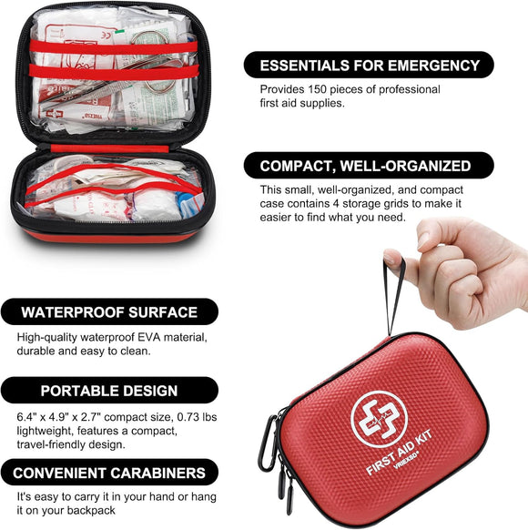 Mini First Aid Kit - 150 Piece Small Waterproof Hard Shell Medical Kit for Home Car Travel Camping Truck Hiking Sports Office Vehicle & Outdoor Emergencies- Small First Aid Medical Kit (Red)