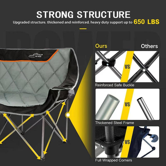 Oversized Fully Padded Camping Chair Folding Loveseat Camping Couch Double Duo Chair Heavy Duty Quad Fold Arm Chair with Cup Hold - Supports 650 LBS Black