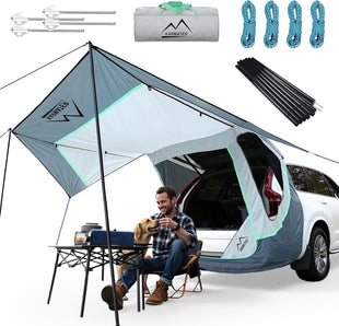 SUV Tailgate Tent with Poles &Three Sides Awning Shade & Transmittance Mosquito Net Hatchback Camping Sunproof Car Tenting Universal SUV Windproof Camping Gear Tent Outdoor Travel