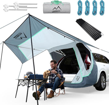 SUV Tailgate Tent with Poles &Three Sides Awning Shade & Transmittance Mosquito Net Hatchback Camping Sunproof Car Tenting Universal SUV Windproof Camping Gear Tent Outdoor Travel