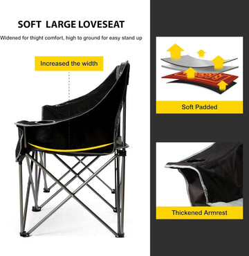 Oversized Fully Padded Camping Chair Folding Loveseat Camping Couch Double Duo Chair Heavy Duty Quad Fold Arm Chair with Cup Hold - Supports 650 LBS Black - 0