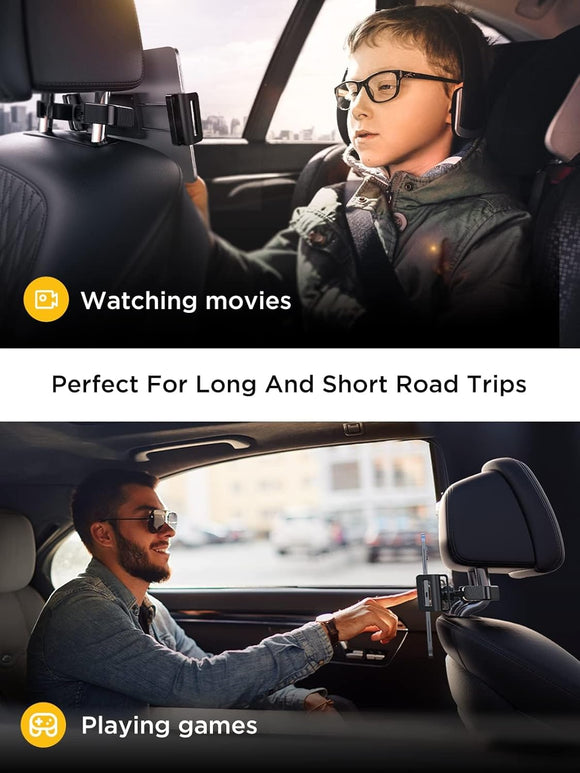 Tablet Holder for Car Headrest iPad Car Holder Back Seat Travel Accessories Long Road Trip Essentials for Kids Black Tablet Stand for iPad Pro Air Mini Galaxy Fire 4.7-12.9 Devices